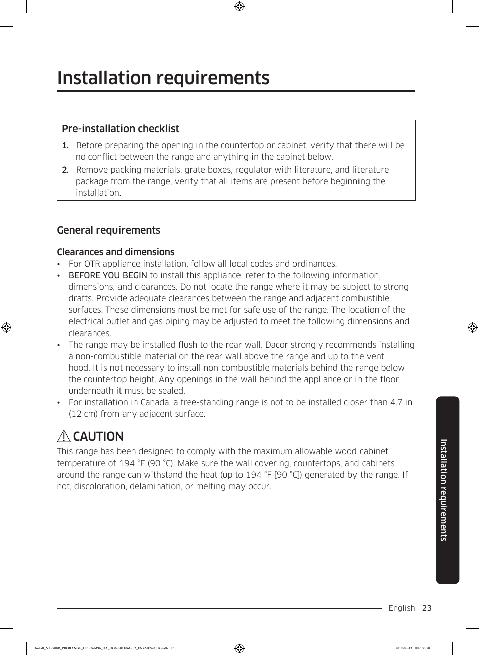 Installation requirements, Pre-installation checklist, General requirements | Caution | Dacor Contemporary 36 Inch Freestanding Professional Gas Smart Range Installation Manual User Manual | Page 23 / 156