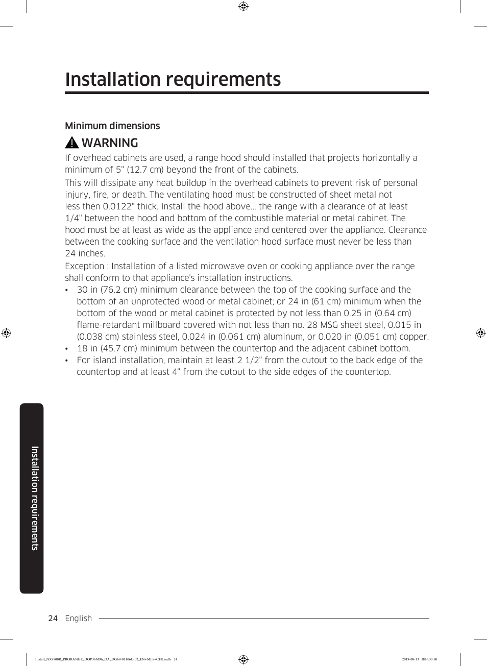Installation requirements, Warning | Dacor Contemporary 36 Inch Freestanding Professional Gas Smart Range Installation Manual User Manual | Page 24 / 156