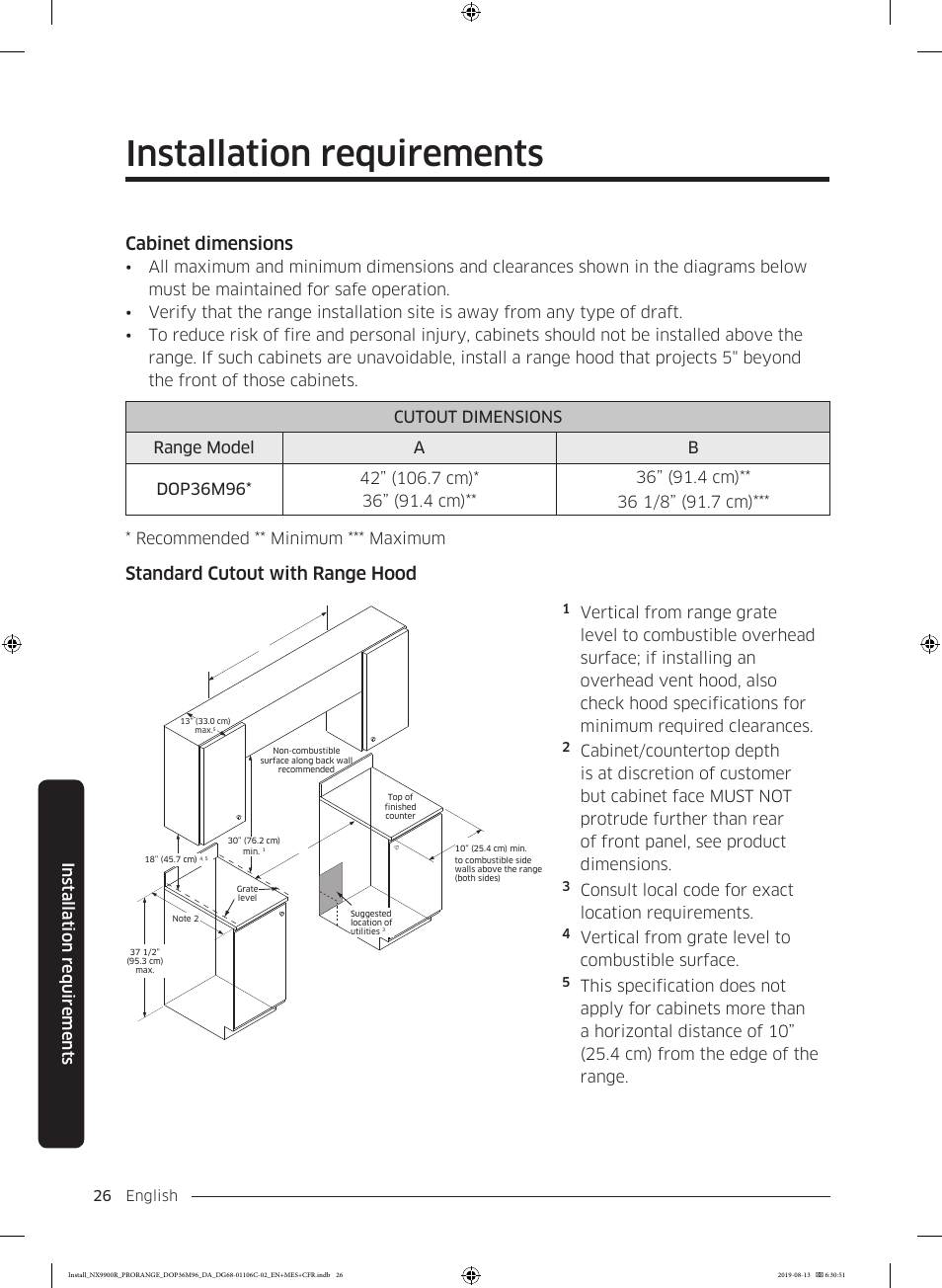 Cabinet dimensions, Standard cutout with range hood, Installation requirements | Consult local code for exact location requirements, Vertical from grate level to combustible surface | Dacor Contemporary 36 Inch Freestanding Professional Gas Smart Range Installation Manual User Manual | Page 26 / 156