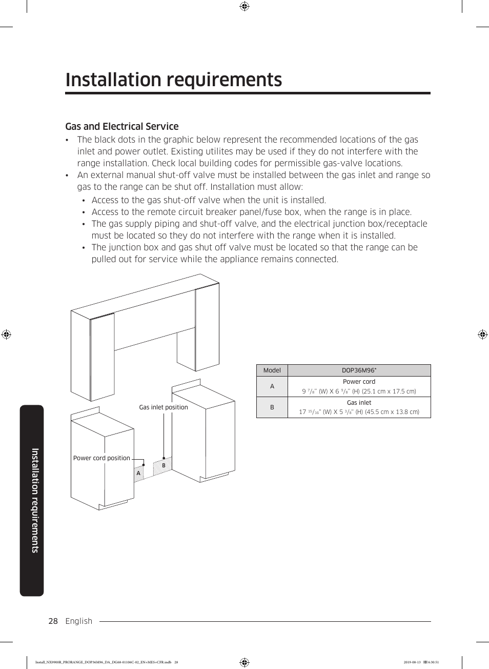 Gas and electrical service, Installation requirements | Dacor Contemporary 36 Inch Freestanding Professional Gas Smart Range Installation Manual User Manual | Page 28 / 156