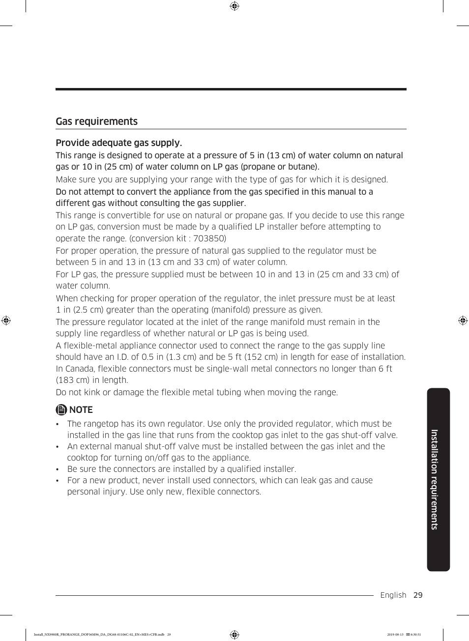 Gas requirements | Dacor Contemporary 36 Inch Freestanding Professional Gas Smart Range Installation Manual User Manual | Page 29 / 156
