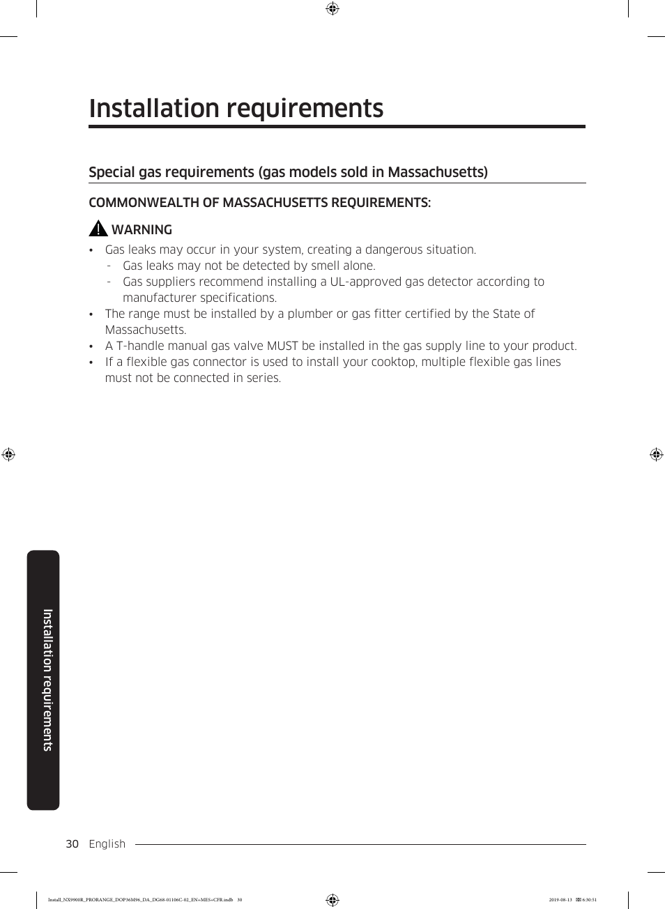 Installation requirements | Dacor Contemporary 36 Inch Freestanding Professional Gas Smart Range Installation Manual User Manual | Page 30 / 156