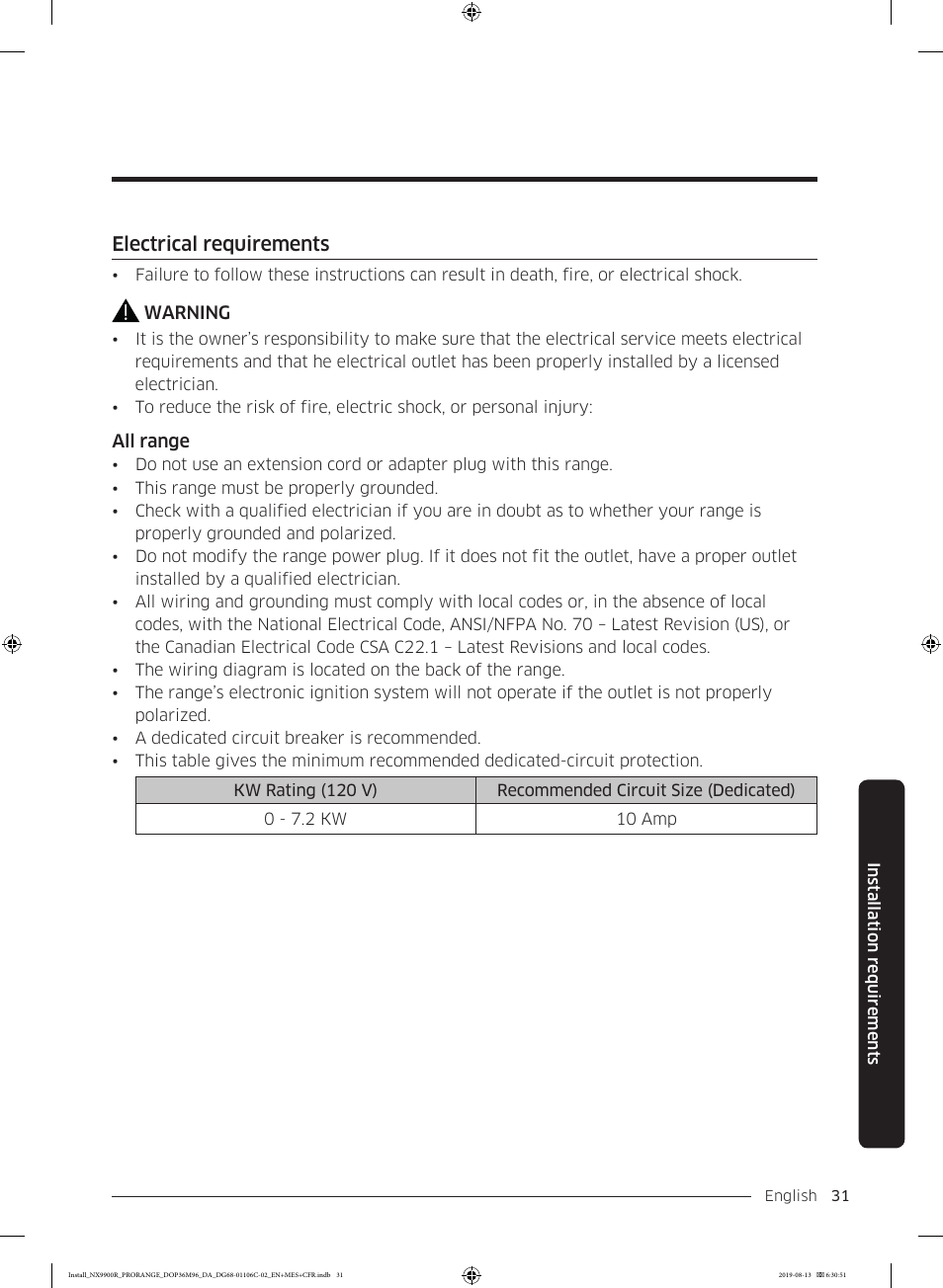 Electrical requirements | Dacor Contemporary 36 Inch Freestanding Professional Gas Smart Range Installation Manual User Manual | Page 31 / 156