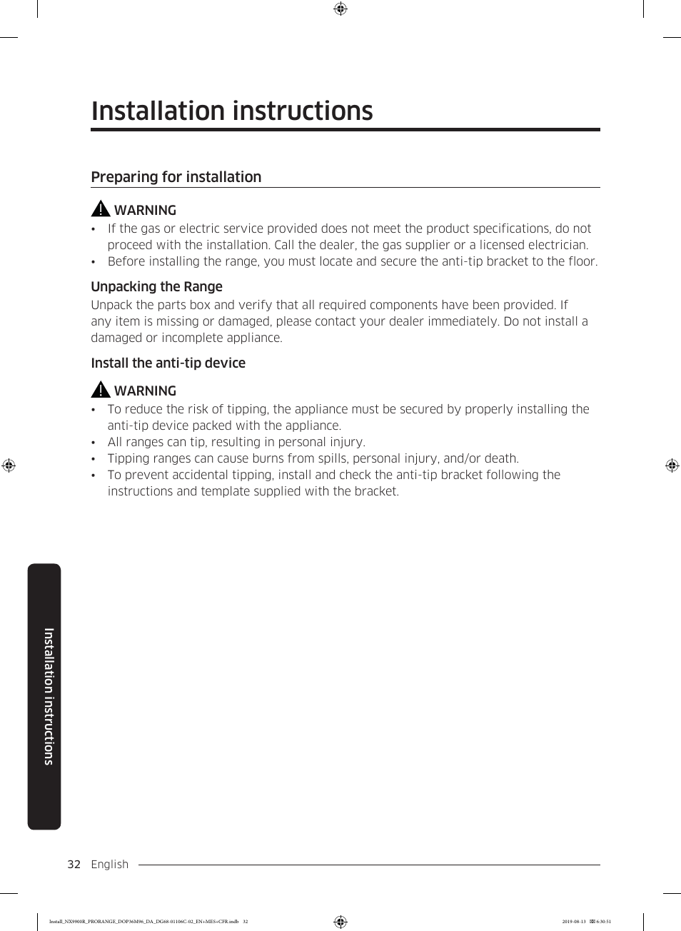 Installation instructions, Preparing for installation | Dacor Contemporary 36 Inch Freestanding Professional Gas Smart Range Installation Manual User Manual | Page 32 / 156