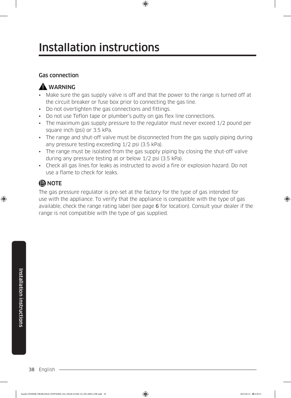 Installation instructions | Dacor Contemporary 36 Inch Freestanding Professional Gas Smart Range Installation Manual User Manual | Page 38 / 156