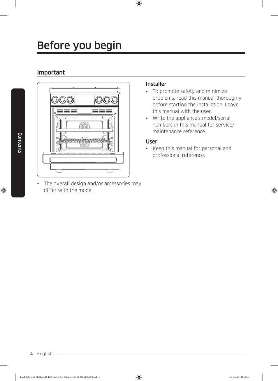 Before you begin, Important, Important 4 | Dacor Contemporary 36 Inch Freestanding Professional Gas Smart Range Installation Manual User Manual | Page 4 / 156