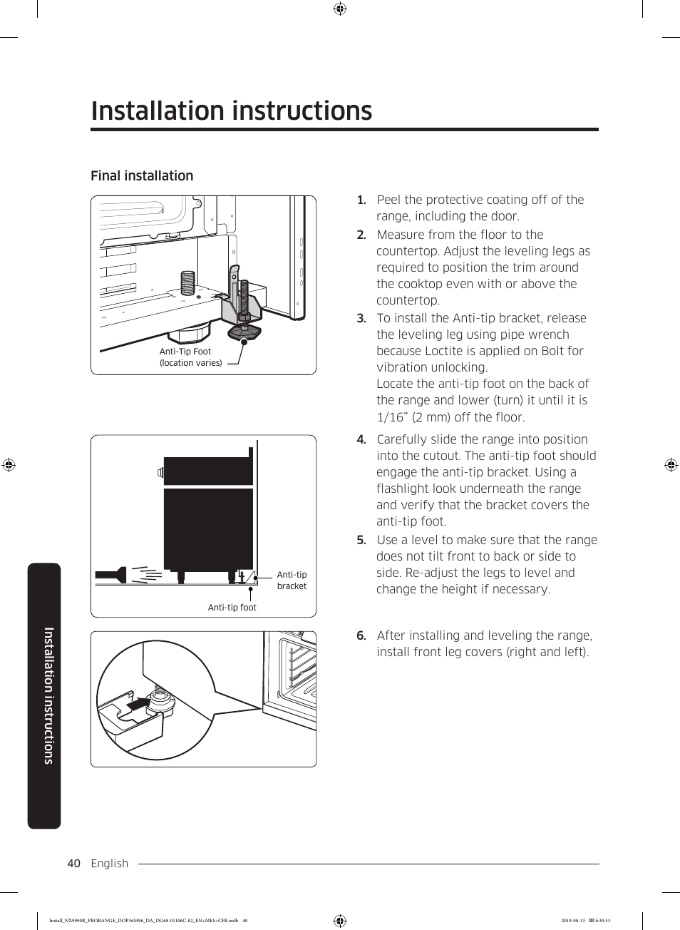 Installation instructions | Dacor Contemporary 36 Inch Freestanding Professional Gas Smart Range Installation Manual User Manual | Page 40 / 156