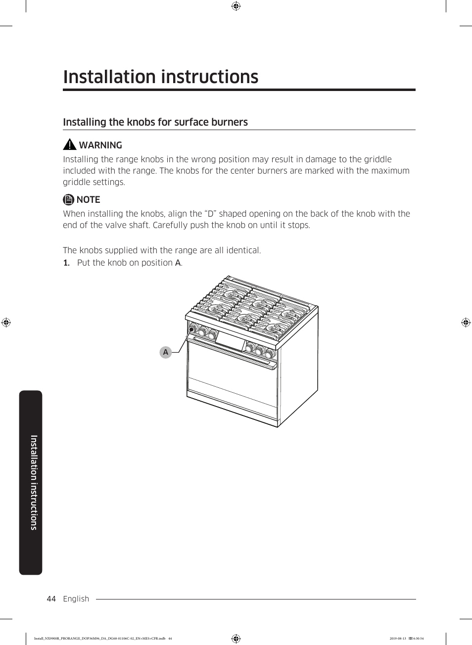 Installing the knobs for surface burners, Installation instructions | Dacor Contemporary 36 Inch Freestanding Professional Gas Smart Range Installation Manual User Manual | Page 44 / 156