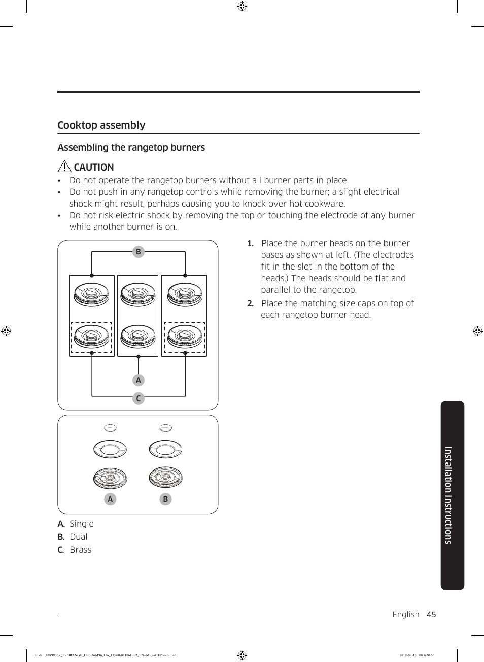 Cooktop assembly | Dacor Contemporary 36 Inch Freestanding Professional Gas Smart Range Installation Manual User Manual | Page 45 / 156