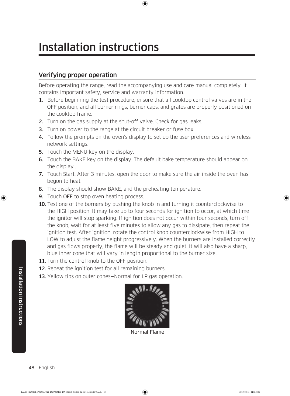 Verifying proper operation, Installation instructions | Dacor Contemporary 36 Inch Freestanding Professional Gas Smart Range Installation Manual User Manual | Page 48 / 156