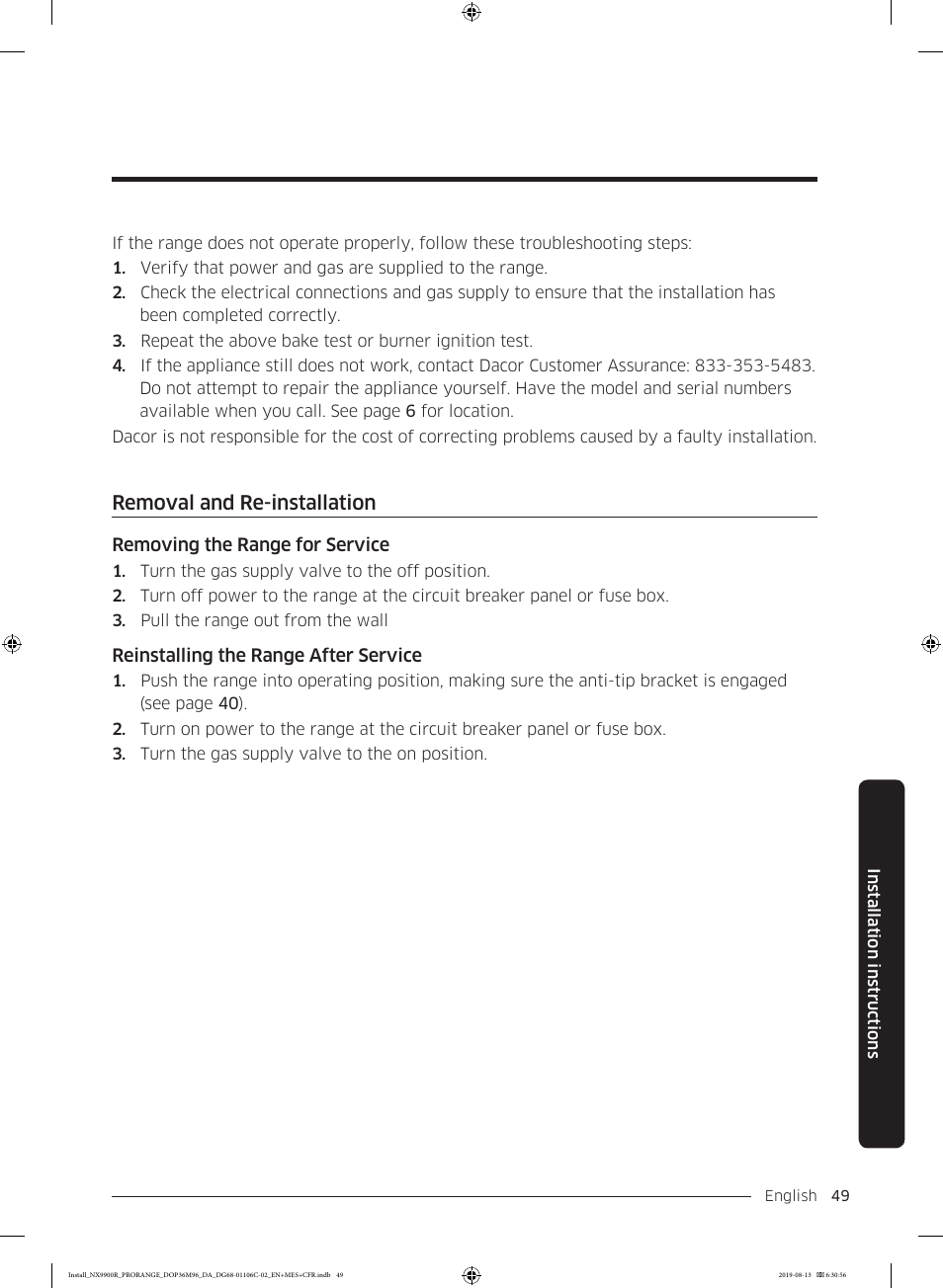 Removal and re-installation | Dacor Contemporary 36 Inch Freestanding Professional Gas Smart Range Installation Manual User Manual | Page 49 / 156