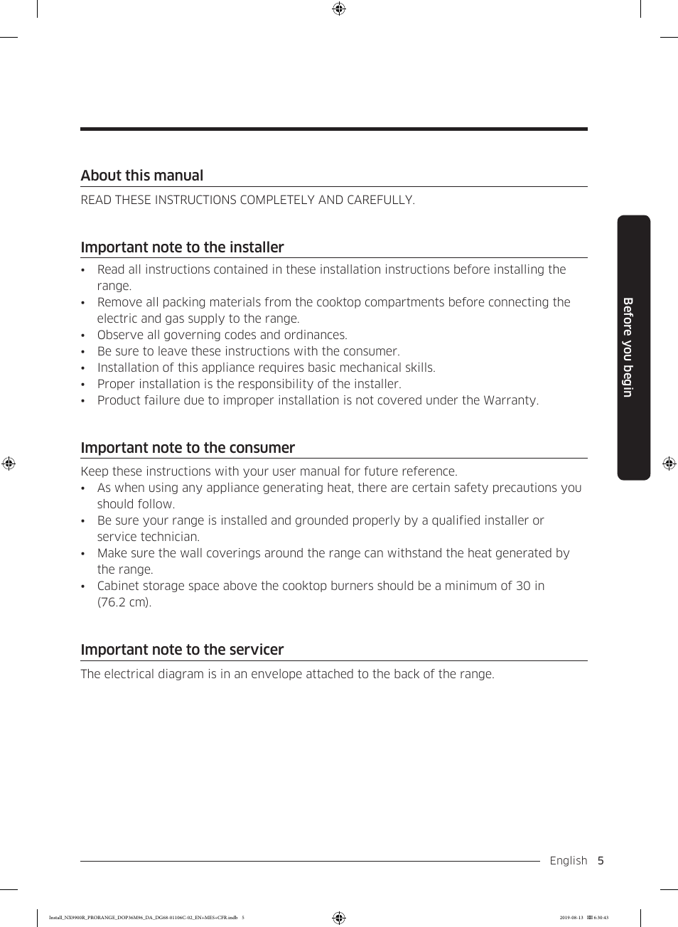 About this manual, Important note to the installer, Important note to the consumer | Important note to the servicer | Dacor Contemporary 36 Inch Freestanding Professional Gas Smart Range Installation Manual User Manual | Page 5 / 156