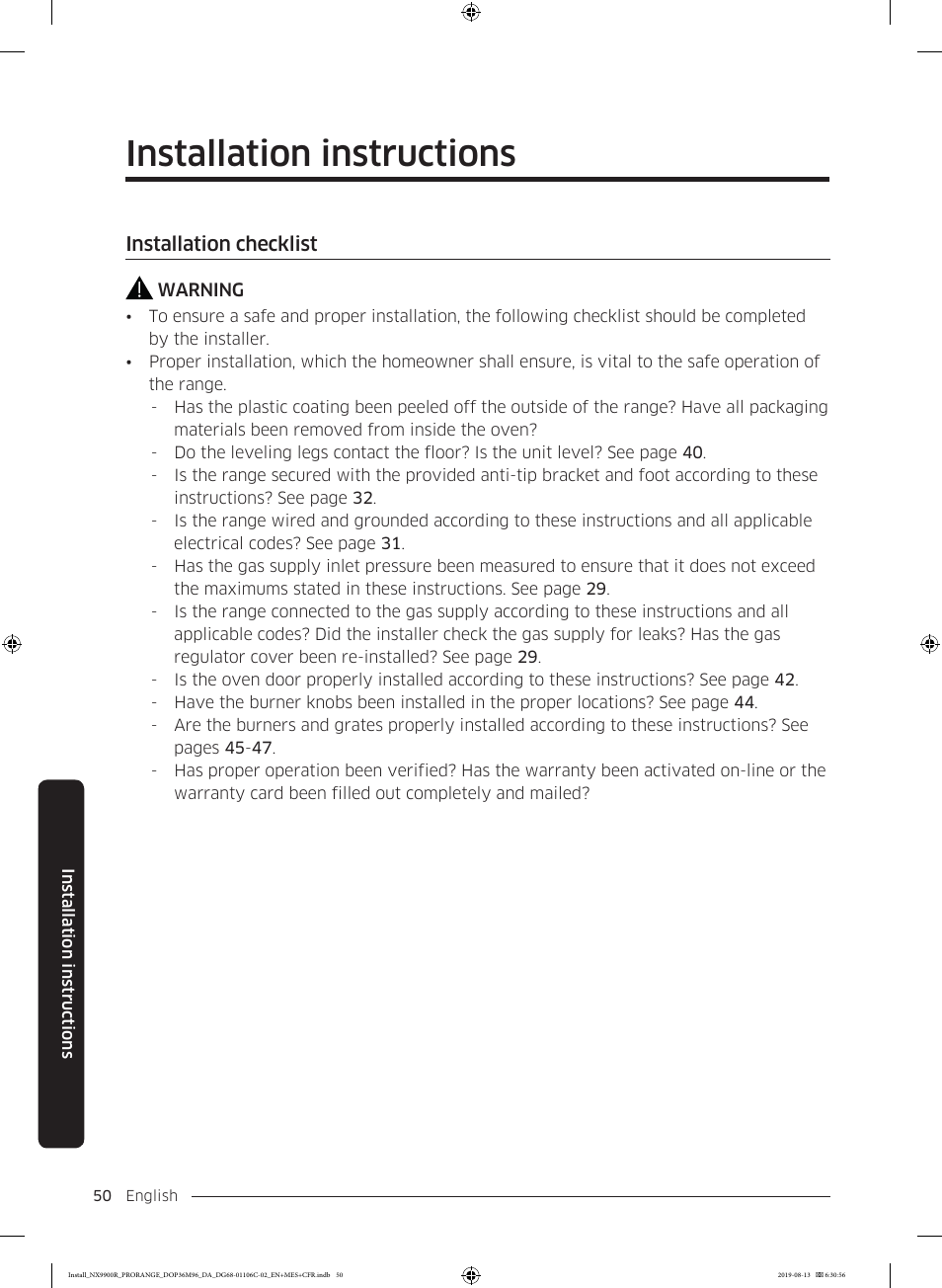 Installation checklist, Installation instructions | Dacor Contemporary 36 Inch Freestanding Professional Gas Smart Range Installation Manual User Manual | Page 50 / 156