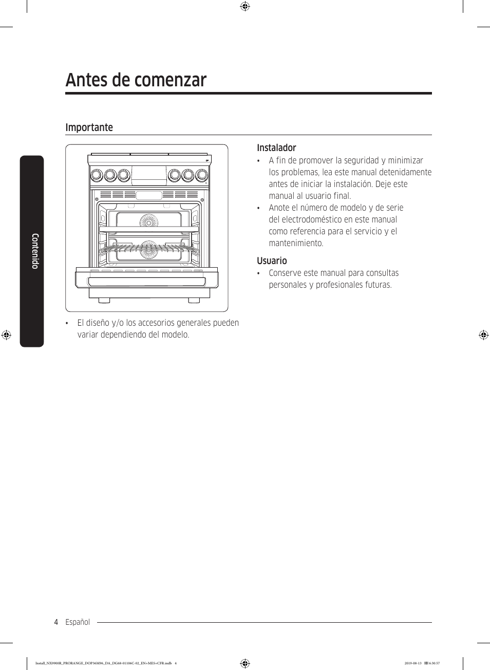 Antes de comenzar, Importante, Importante 4 | Dacor Contemporary 36 Inch Freestanding Professional Gas Smart Range Installation Manual User Manual | Page 56 / 156