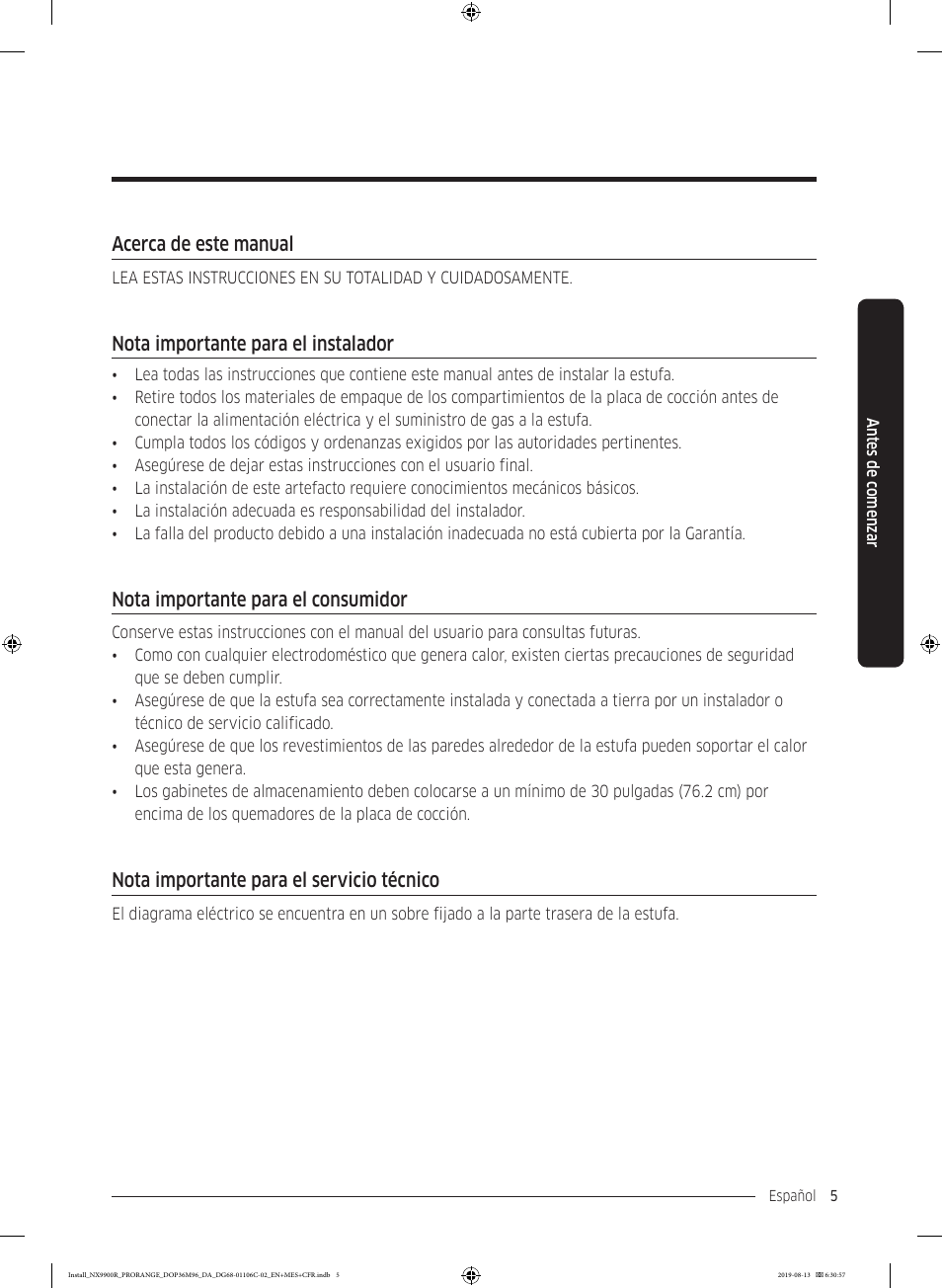 Acerca de este manual, Nota importante para el instalador, Nota importante para el consumidor | Nota importante para el servicio técnico | Dacor Contemporary 36 Inch Freestanding Professional Gas Smart Range Installation Manual User Manual | Page 57 / 156