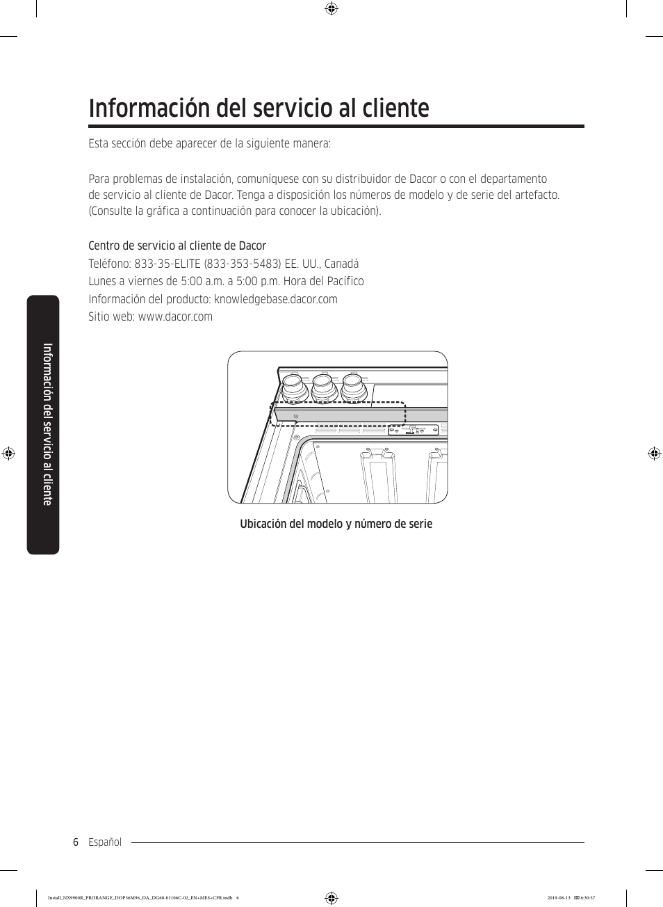 Información del servicio al cliente | Dacor Contemporary 36 Inch Freestanding Professional Gas Smart Range Installation Manual User Manual | Page 58 / 156