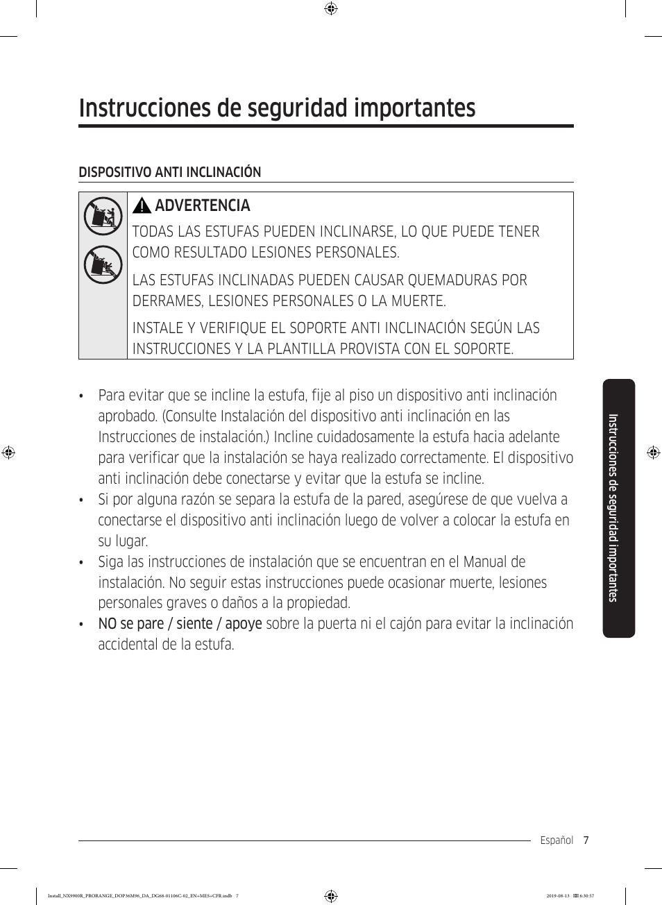 Instrucciones de seguridad importantes, Advertencia | Dacor Contemporary 36 Inch Freestanding Professional Gas Smart Range Installation Manual User Manual | Page 59 / 156