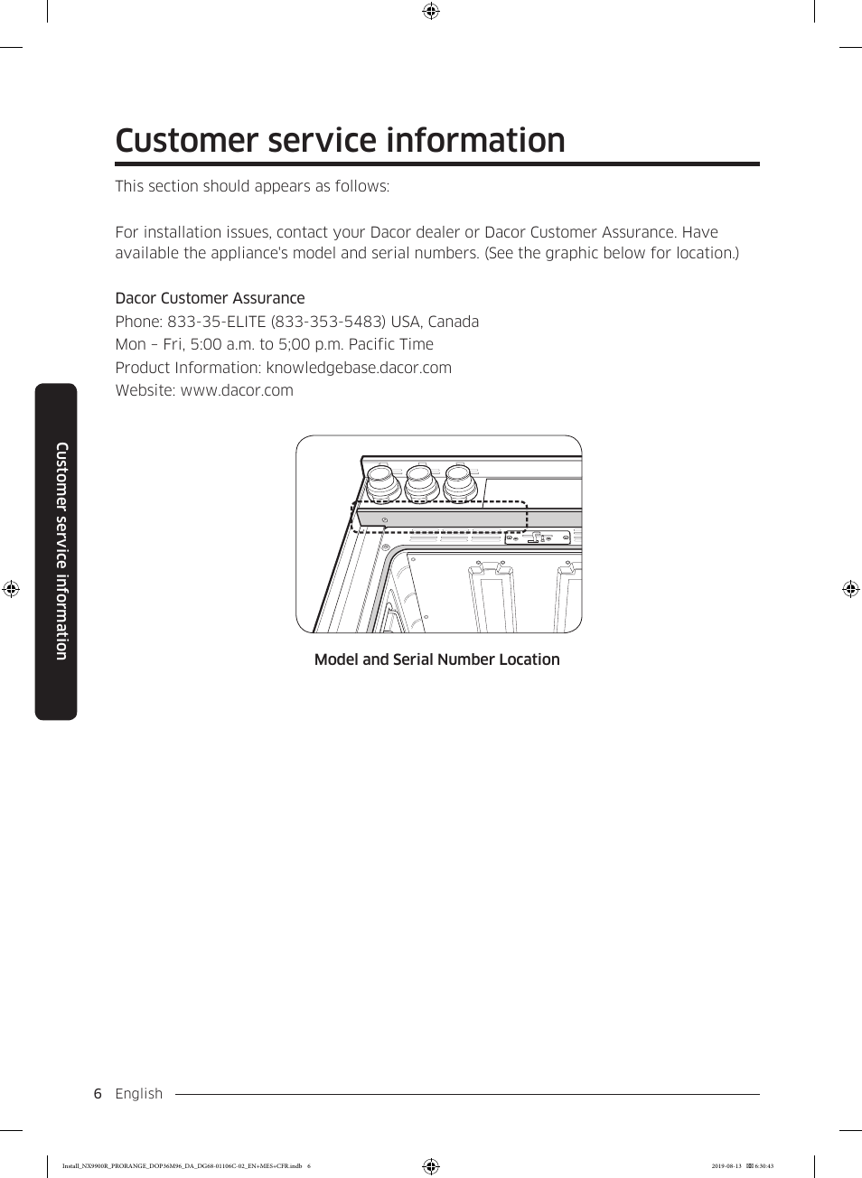 Customer service information | Dacor Contemporary 36 Inch Freestanding Professional Gas Smart Range Installation Manual User Manual | Page 6 / 156