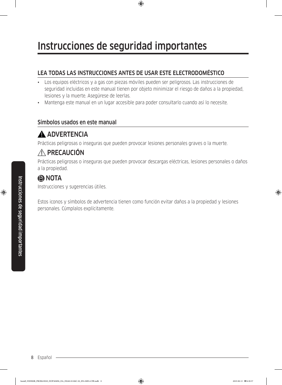 Símbolos usados en este manual, Instrucciones de seguridad importantes, Advertencia | Precaución, Nota | Dacor Contemporary 36 Inch Freestanding Professional Gas Smart Range Installation Manual User Manual | Page 60 / 156
