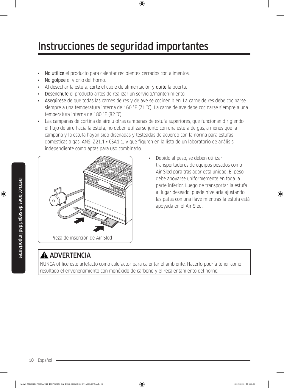 Instrucciones de seguridad importantes, Advertencia | Dacor Contemporary 36 Inch Freestanding Professional Gas Smart Range Installation Manual User Manual | Page 62 / 156