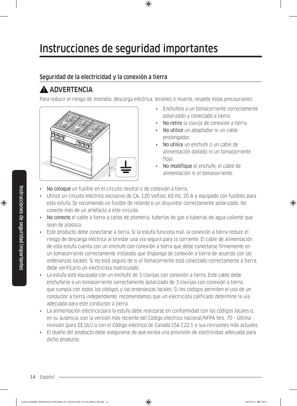 Instrucciones de seguridad importantes, Advertencia | Dacor Contemporary 36 Inch Freestanding Professional Gas Smart Range Installation Manual User Manual | Page 66 / 156