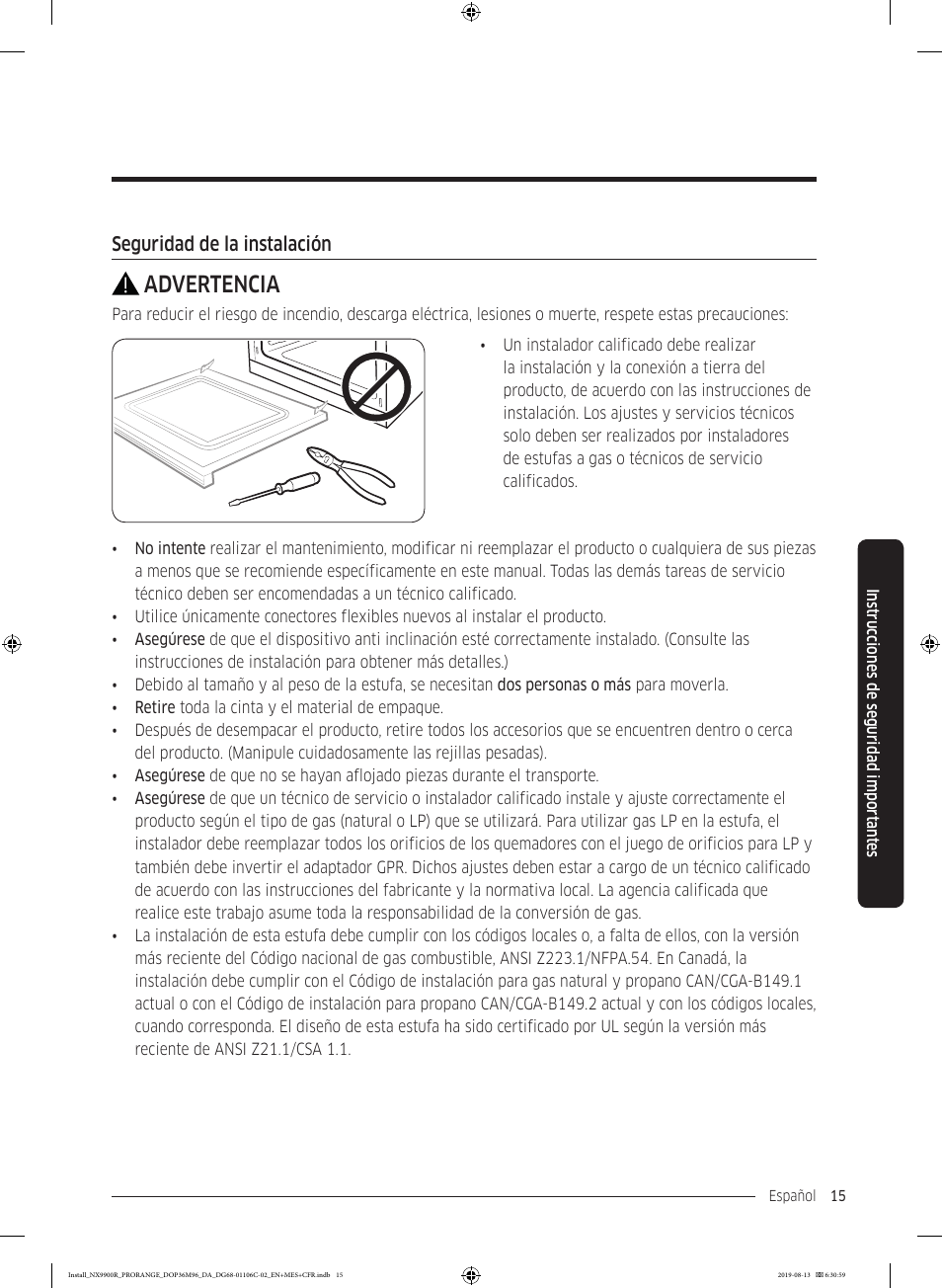 Advertencia | Dacor Contemporary 36 Inch Freestanding Professional Gas Smart Range Installation Manual User Manual | Page 67 / 156