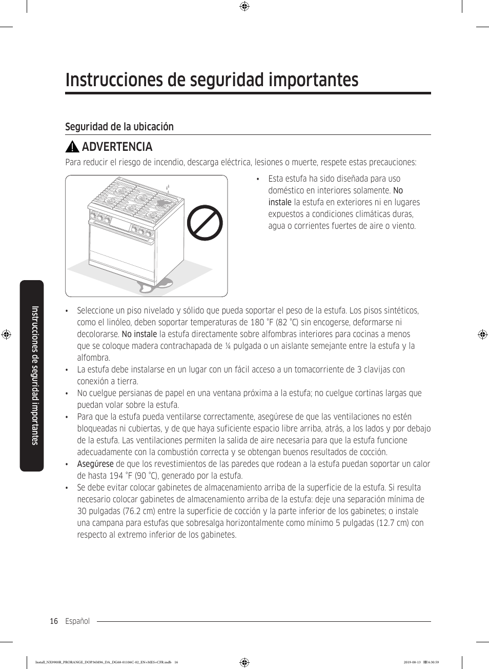 Instrucciones de seguridad importantes, Advertencia | Dacor Contemporary 36 Inch Freestanding Professional Gas Smart Range Installation Manual User Manual | Page 68 / 156