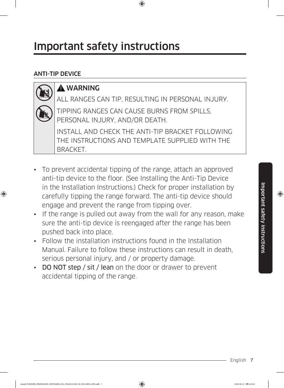 Important safety instructions, Warning | Dacor Contemporary 36 Inch Freestanding Professional Gas Smart Range Installation Manual User Manual | Page 7 / 156