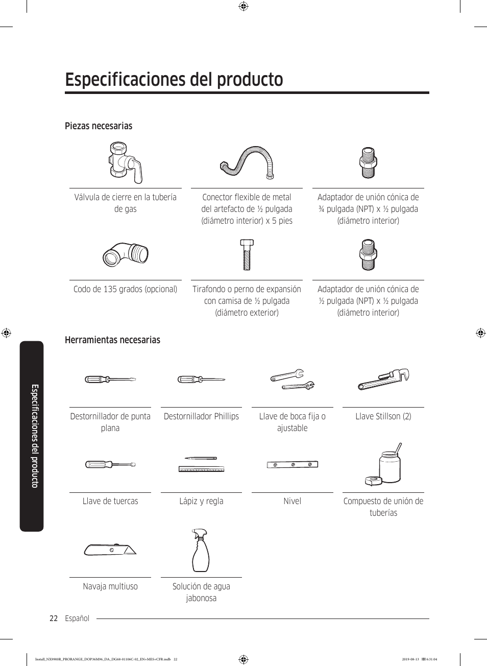 Especificaciones del producto | Dacor Contemporary 36 Inch Freestanding Professional Gas Smart Range Installation Manual User Manual | Page 74 / 156