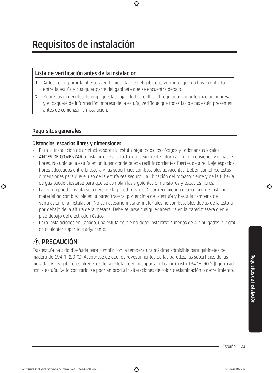 Requisitos de instalación, Lista de verificación antes de la instalación, Requisitos generales | Precaución | Dacor Contemporary 36 Inch Freestanding Professional Gas Smart Range Installation Manual User Manual | Page 75 / 156