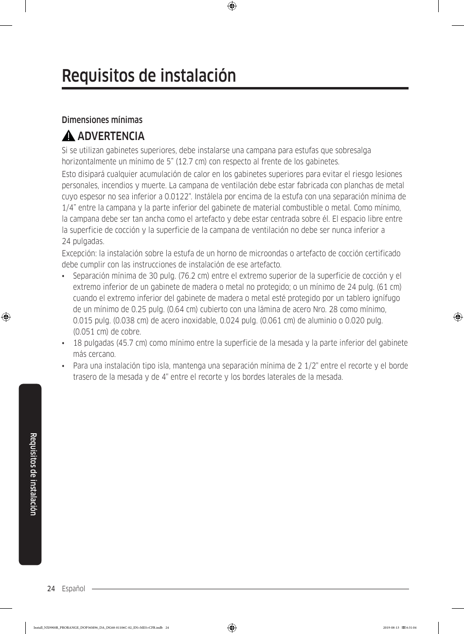 Requisitos de instalación, Advertencia | Dacor Contemporary 36 Inch Freestanding Professional Gas Smart Range Installation Manual User Manual | Page 76 / 156