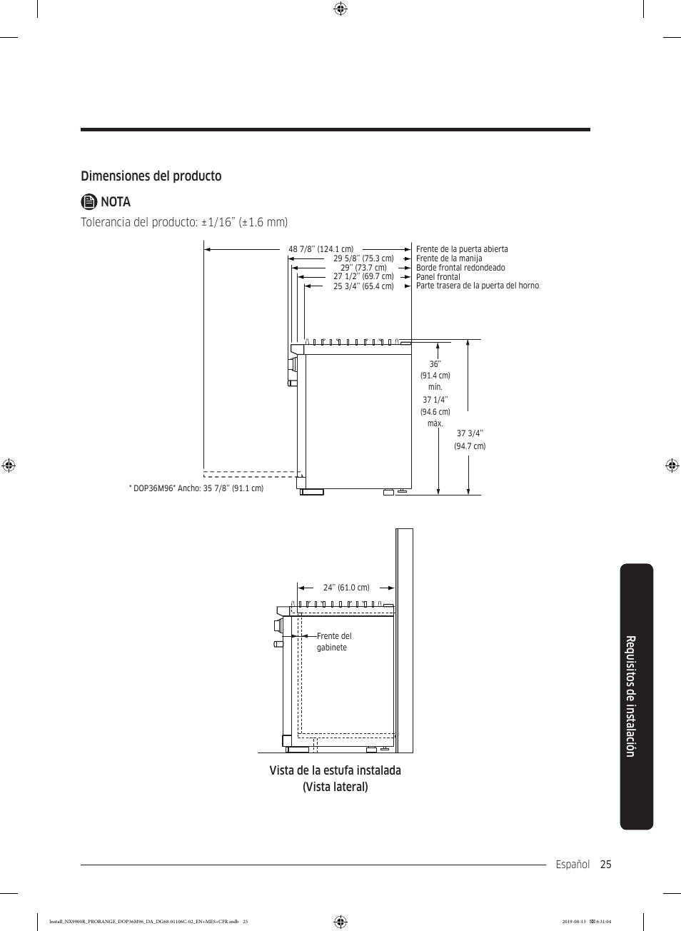 Dimensiones del producto nota, Requisit os de ins talación, Vista de la estufa instalada (vista lateral) | Dacor Contemporary 36 Inch Freestanding Professional Gas Smart Range Installation Manual User Manual | Page 77 / 156