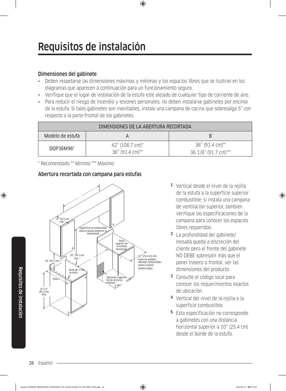 Requisitos de instalación, Dimensiones del gabinete, Abertura recortada con campana para estufas | Requisit os de ins talación | Dacor Contemporary 36 Inch Freestanding Professional Gas Smart Range Installation Manual User Manual | Page 78 / 156