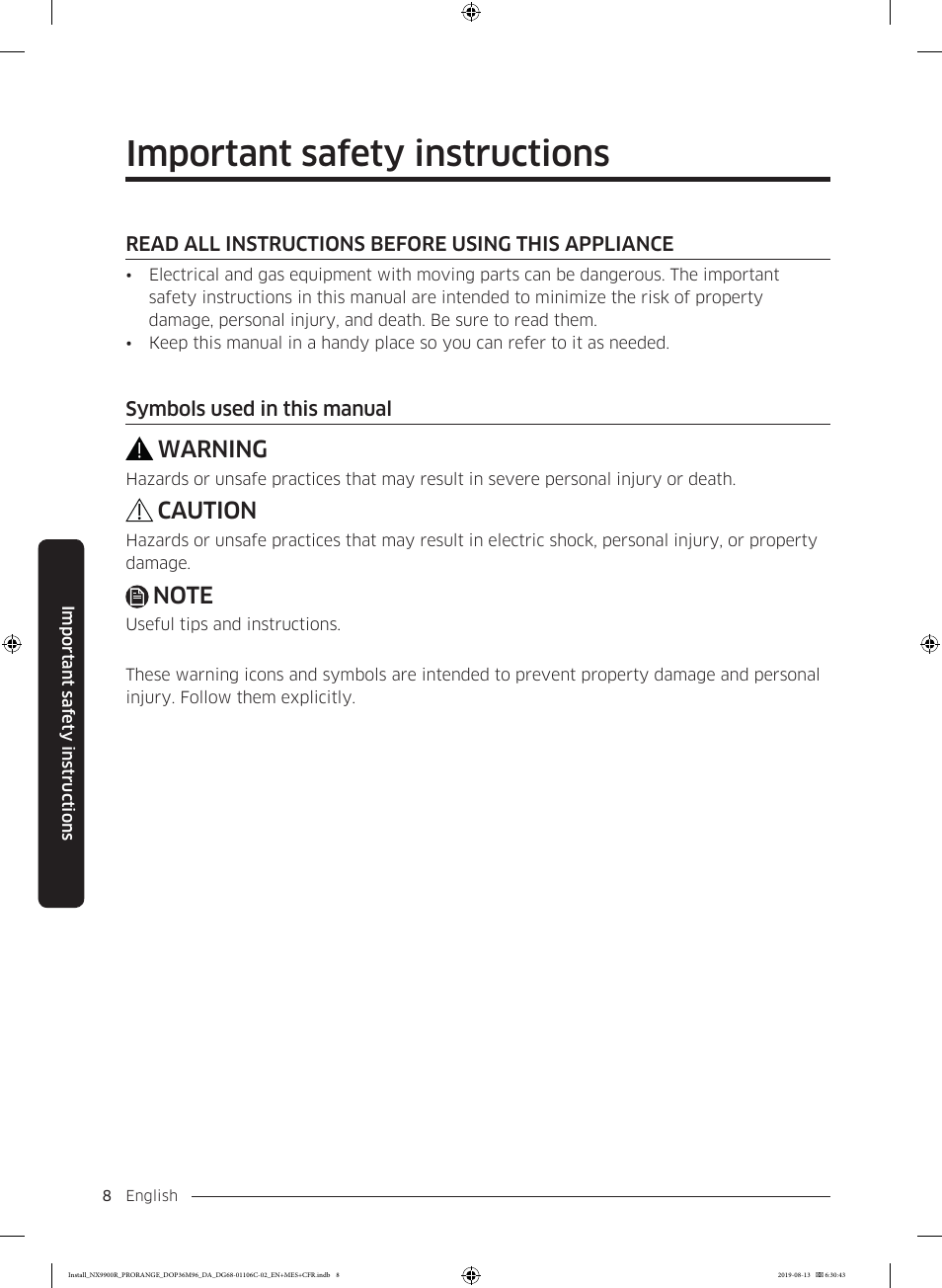 Read all instructions before using this appliance, Symbols used in this manual, Important safety instructions | Warning, Caution | Dacor Contemporary 36 Inch Freestanding Professional Gas Smart Range Installation Manual User Manual | Page 8 / 156