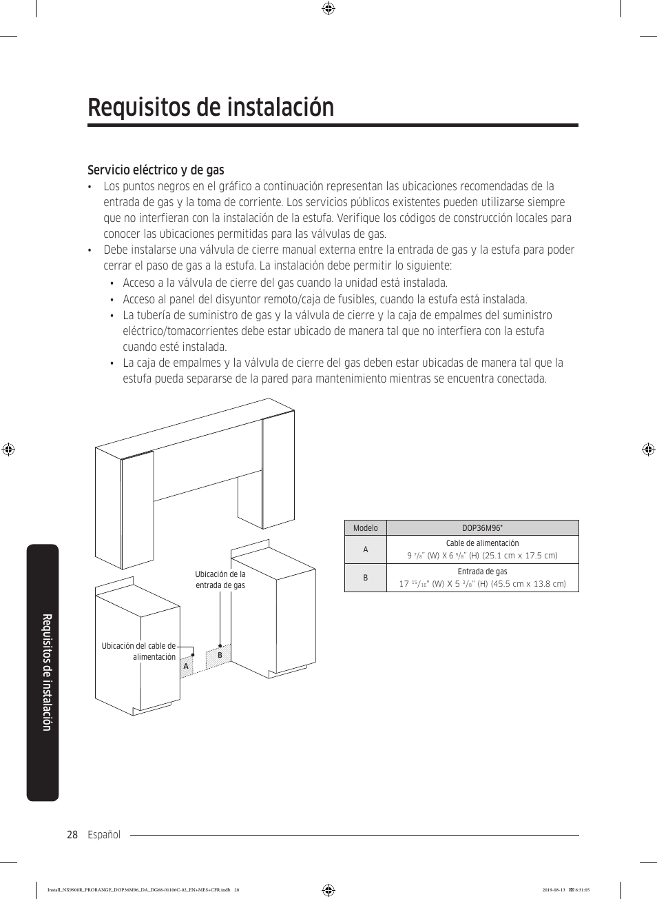Requisitos de instalación, Servicio eléctrico y de gas, Requisit os de ins talación | Dacor Contemporary 36 Inch Freestanding Professional Gas Smart Range Installation Manual User Manual | Page 80 / 156