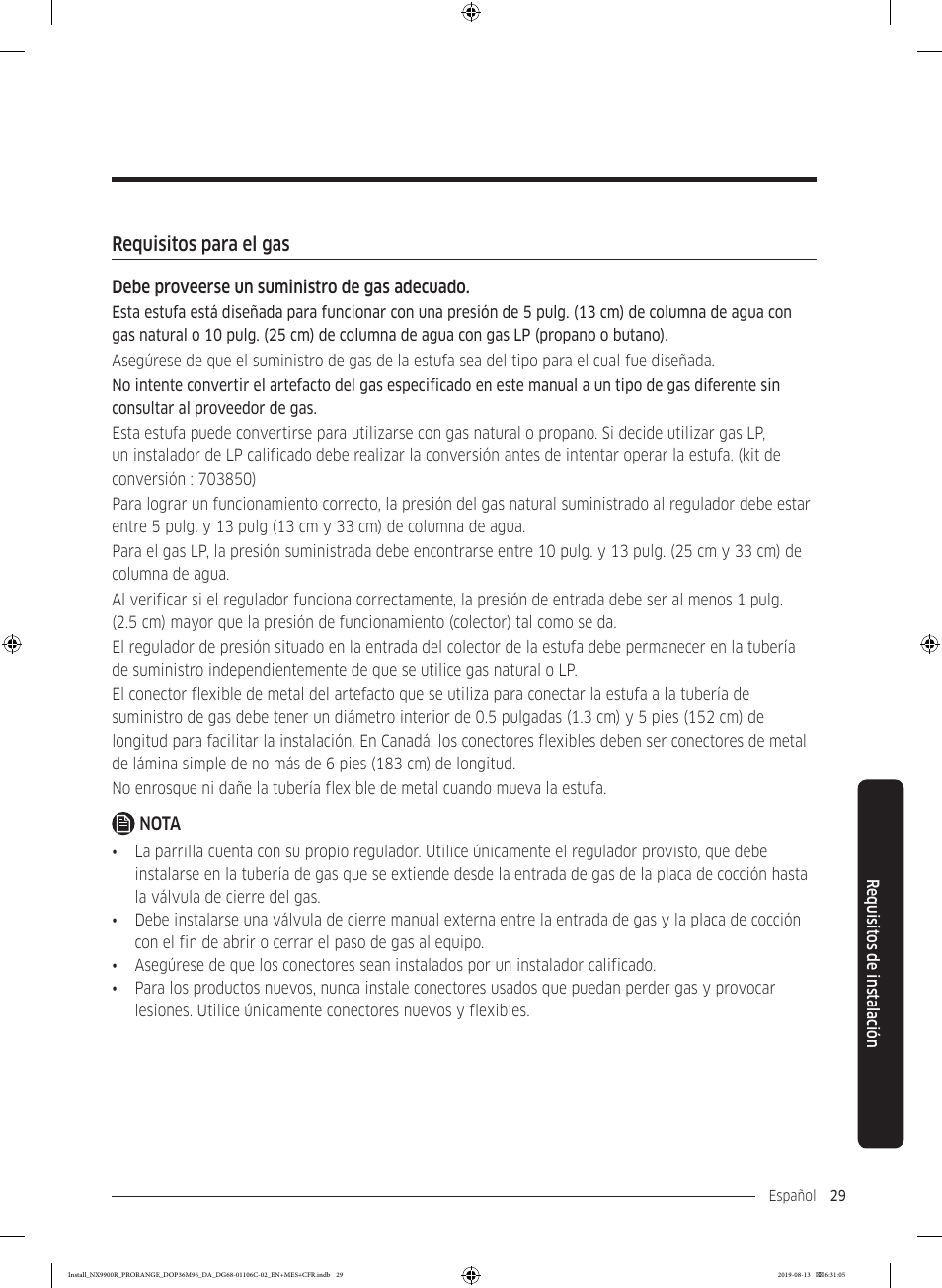 Requisitos para el gas | Dacor Contemporary 36 Inch Freestanding Professional Gas Smart Range Installation Manual User Manual | Page 81 / 156