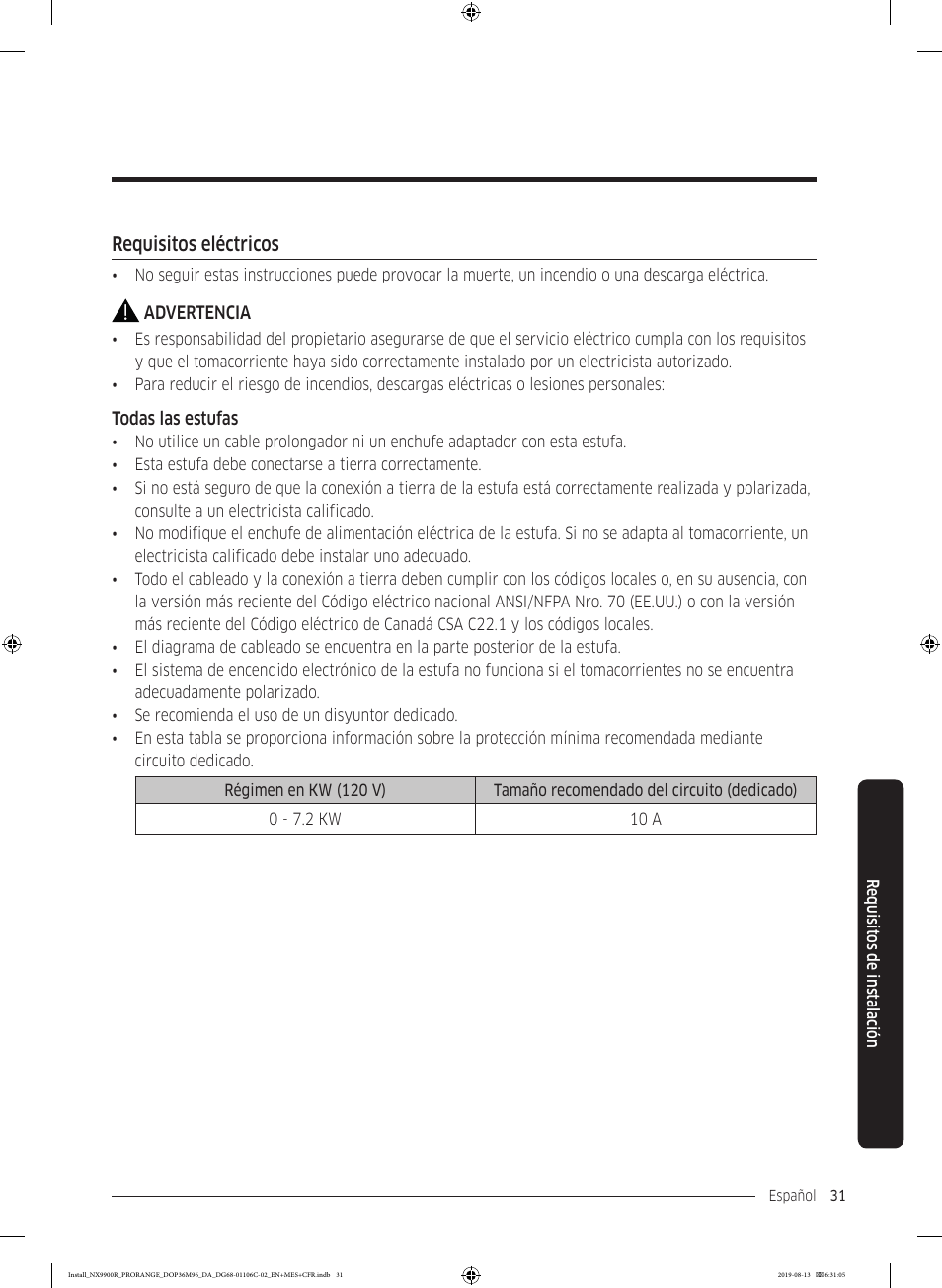 Requisitos eléctricos | Dacor Contemporary 36 Inch Freestanding Professional Gas Smart Range Installation Manual User Manual | Page 83 / 156