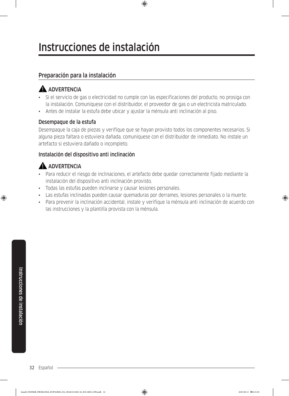 Instrucciones de instalación, Preparación para la instalación | Dacor Contemporary 36 Inch Freestanding Professional Gas Smart Range Installation Manual User Manual | Page 84 / 156