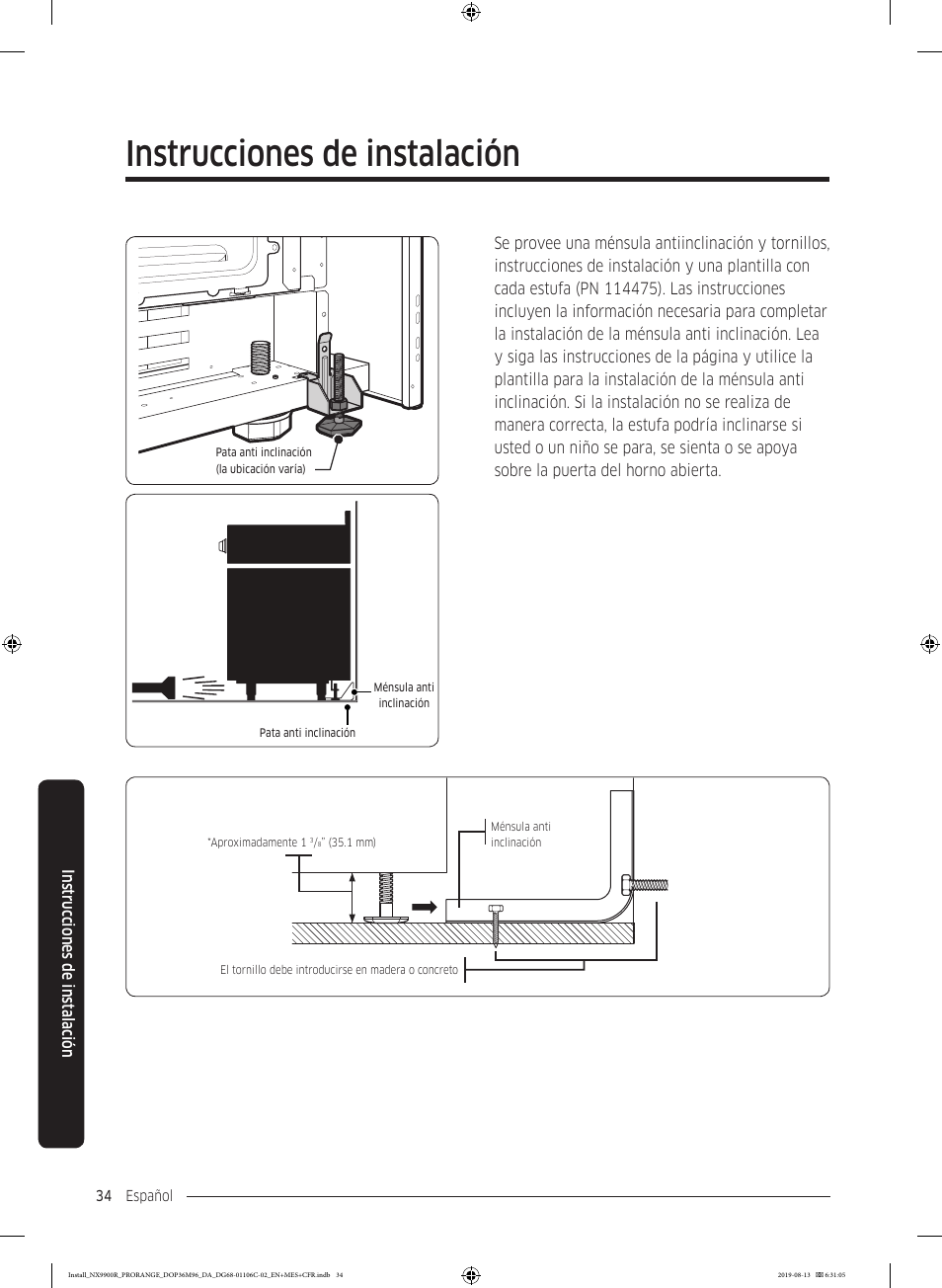 Instrucciones de instalación | Dacor Contemporary 36 Inch Freestanding Professional Gas Smart Range Installation Manual User Manual | Page 86 / 156