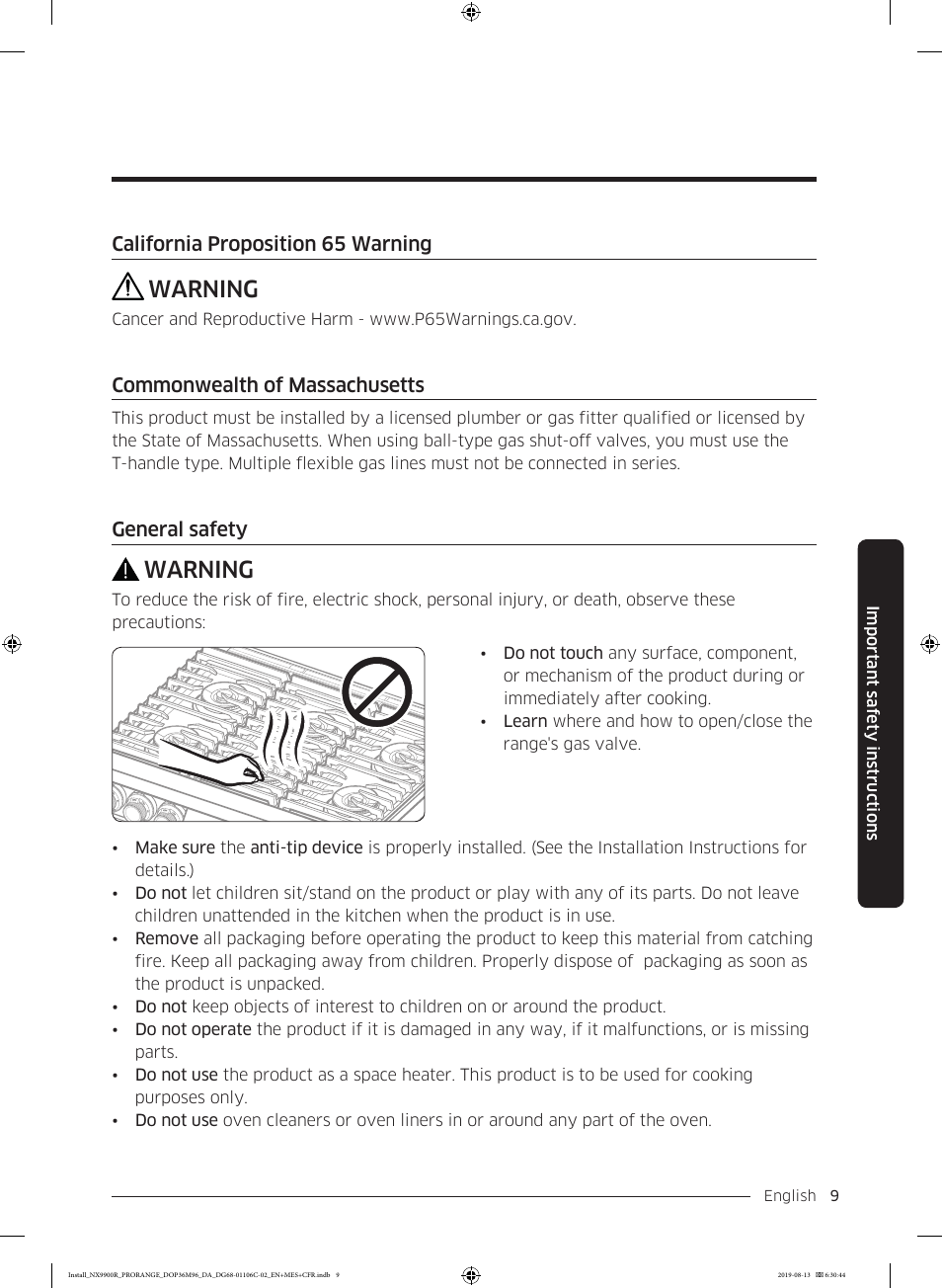 Warning | Dacor Contemporary 36 Inch Freestanding Professional Gas Smart Range Installation Manual User Manual | Page 9 / 156