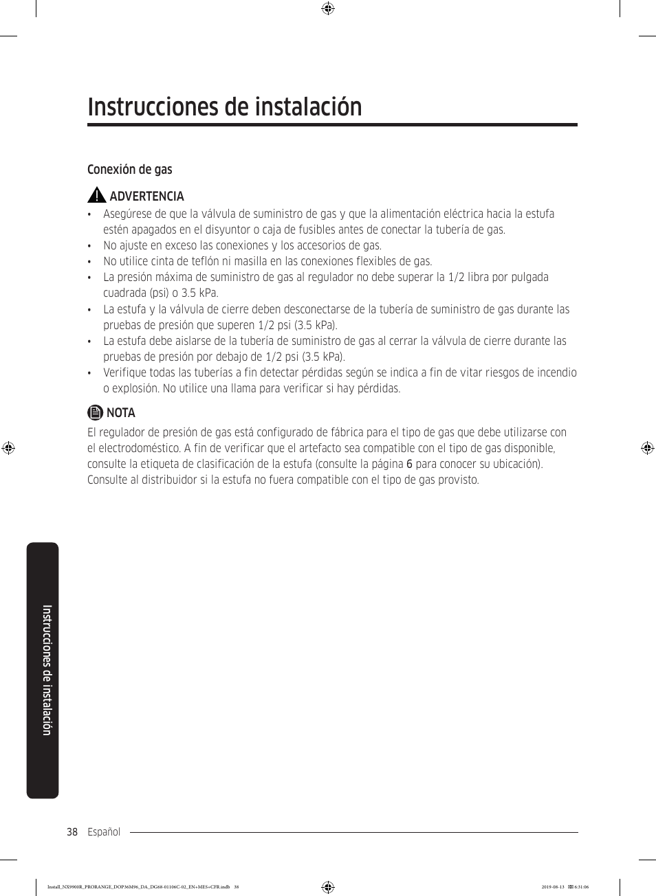 Instrucciones de instalación | Dacor Contemporary 36 Inch Freestanding Professional Gas Smart Range Installation Manual User Manual | Page 90 / 156