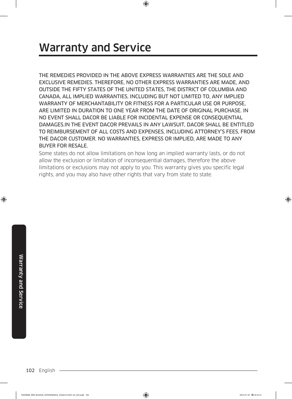 Warranty and service | Dacor Contemporary 36 Inch Freestanding Professional Gas Smart Range Use and Care Manual User Manual | Page 102 / 324