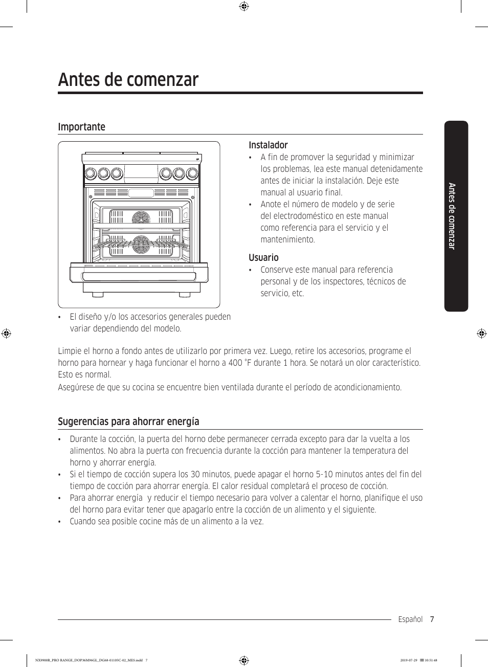 Antes de comenzar, Importante, Sugerencias para ahorrar energía | Importante 7 sugerencias para ahorrar energía, Ción | Dacor Contemporary 36 Inch Freestanding Professional Gas Smart Range Use and Care Manual User Manual | Page 115 / 324