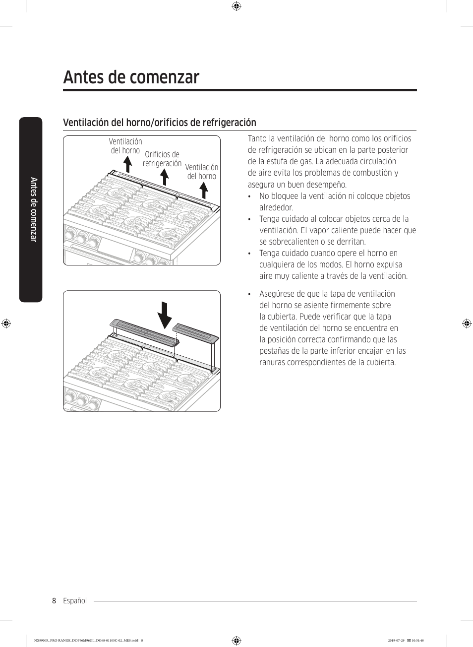 Ventilación del horno/orificios de refrigeración, Antes de comenzar | Dacor Contemporary 36 Inch Freestanding Professional Gas Smart Range Use and Care Manual User Manual | Page 116 / 324