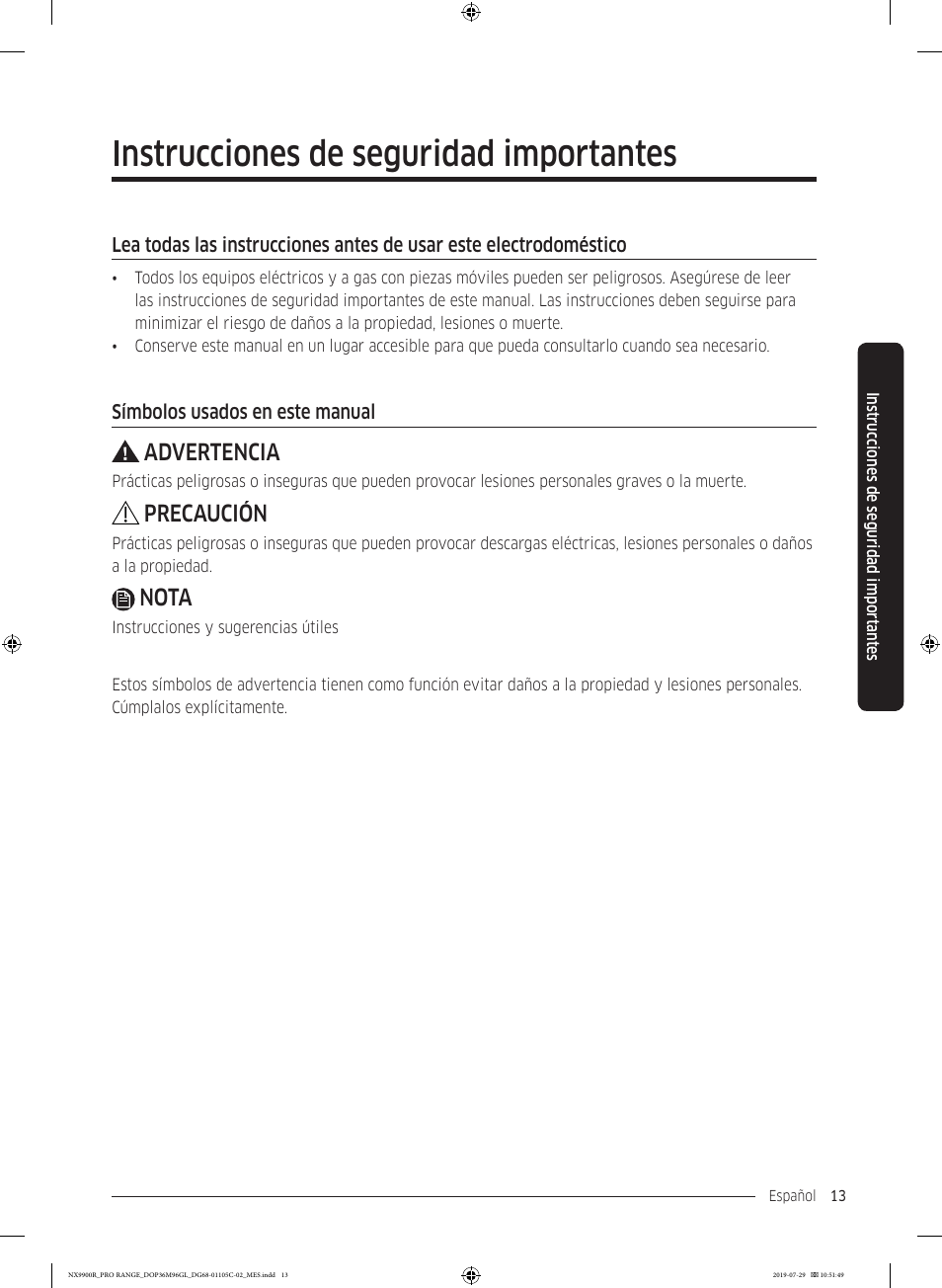 Instrucciones de seguridad importantes, Advertencia, Precaución | Nota | Dacor Contemporary 36 Inch Freestanding Professional Gas Smart Range Use and Care Manual User Manual | Page 121 / 324