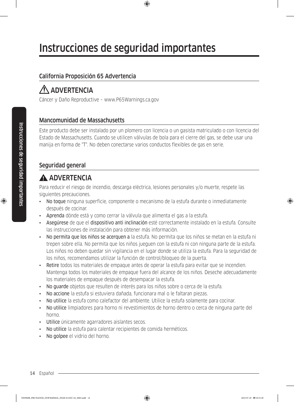 Instrucciones de seguridad importantes, Advertencia | Dacor Contemporary 36 Inch Freestanding Professional Gas Smart Range Use and Care Manual User Manual | Page 122 / 324