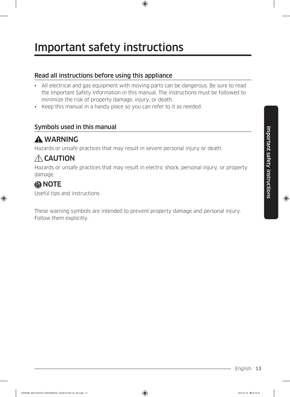 Important safety instructions, Warning, Caution | Dacor Contemporary 36 Inch Freestanding Professional Gas Smart Range Use and Care Manual User Manual | Page 13 / 324