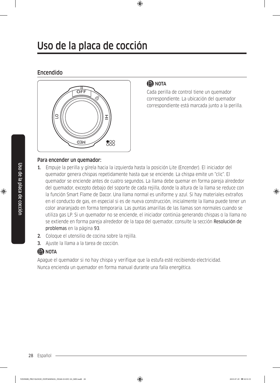 Encendido, Encendido 28, Uso de la placa de cocción | Dacor Contemporary 36 Inch Freestanding Professional Gas Smart Range Use and Care Manual User Manual | Page 136 / 324