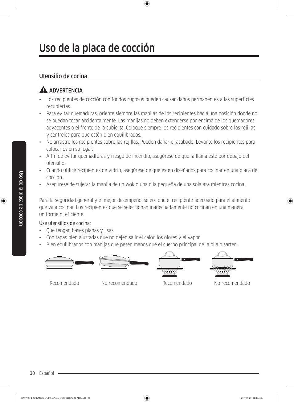 Utensilio de cocina, Uso de la placa de cocción | Dacor Contemporary 36 Inch Freestanding Professional Gas Smart Range Use and Care Manual User Manual | Page 138 / 324
