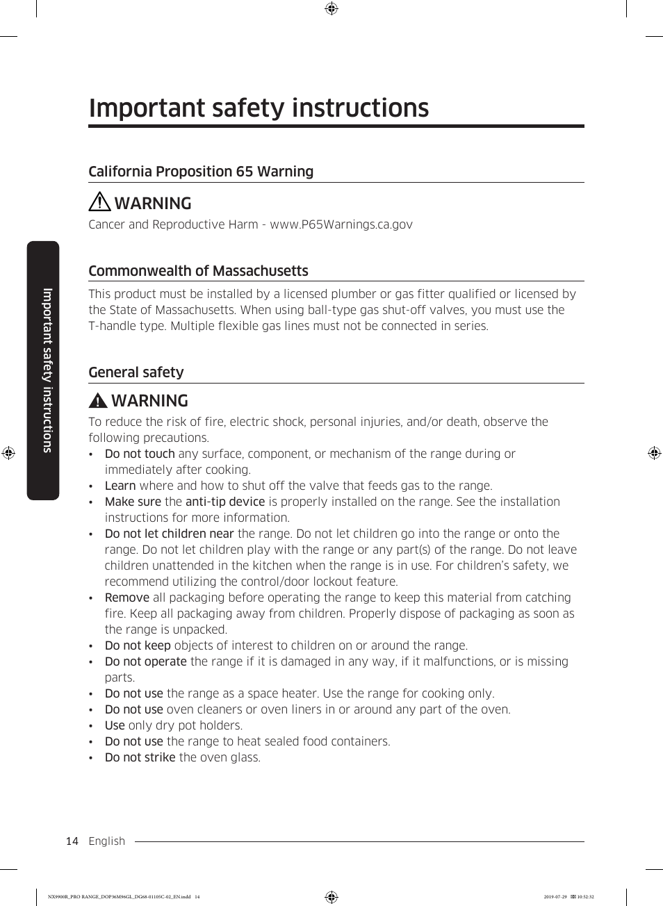 Important safety instructions, Warning | Dacor Contemporary 36 Inch Freestanding Professional Gas Smart Range Use and Care Manual User Manual | Page 14 / 324